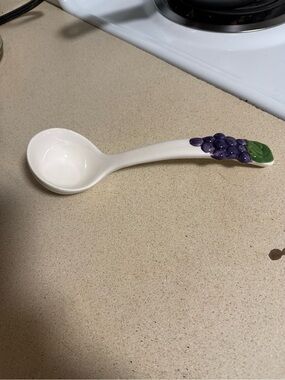 Ceramic Serving Spoon with Grape Accent - White and Purple